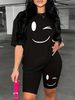 Summer Women's Casual And Fashionable Smiling Face Printed Loose T-shirt+shorts Two-piece Sportswear Suitable For Daily Wear-112_ecoleips.com