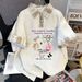 Retro Cartoon Print & Checkered Patchwork Short-Sleeve Top + Lace Trim Jeans Set – Vintage-Inspired Casual Outfit_ecoleips.com