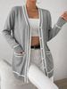 Smooth Fine Knit Cardigan, French Tweed Contrast Trim V-Neck Mid-Length Loose Outwear, Plus Size Women Casual Daily Commute Versatile Fashion Coat_ecoleips.com