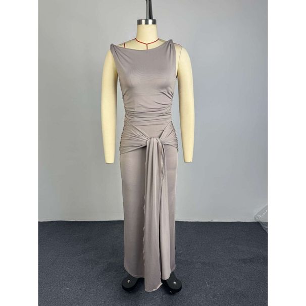 Women's Clothing Summer Style Women's Elegant Solid Color Sleeveless Top And Tie Up Slim Skirt Set Clothing_ecoleips.com