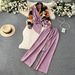 Retro Women's Set – Asymmetrical Print Shirt With High-Waisted Wide-Leg Pants (Cropped Sleeve, Purple/Peach/Black/Orange/Blue/Army Green/Beige)_ecoleips.com