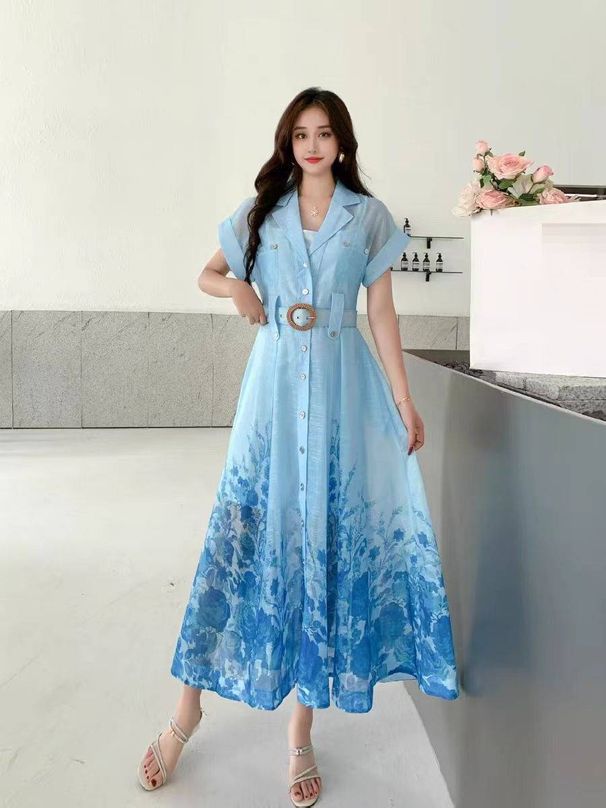 Elegant Floral Print V-Neck A-Line Dress For Women - Chiffon Office & Vacation Dress With Button Details_ecoleips.com