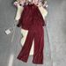 Embroidered Blouse & High-Waisted Wide Leg Pants Set – Casual Elegance For Autumn (Blush/Pink/White/Black/Red, One Size Fits Most)_ecoleips.com