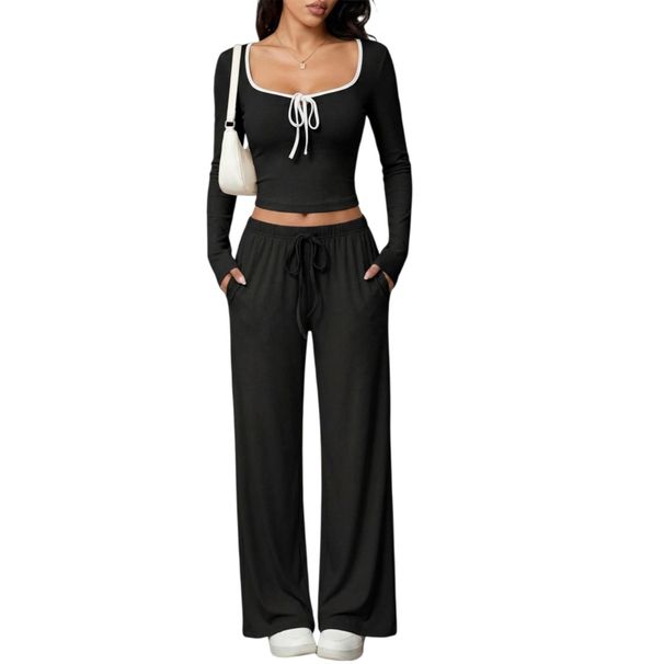 Women's 2-Piece Set Sexy Ribbed Crop Top With High-Waisted Pants Off-Shoulder Long Sleeve Turtleneck Outfit For Fall Winter_ecoleips.com