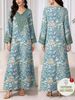 plus Size Middle Eastern Gown Western Fashion V-Neck Printed Women's Dress For Commute Loose Vacation Style Long Sleeve Dress_ecoleips.com