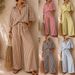 European And American Style Women's Summer Fashion Set Striped Long Sleeved Shirt And Loose Pants Two-Piece Outfit_ecoleips.com