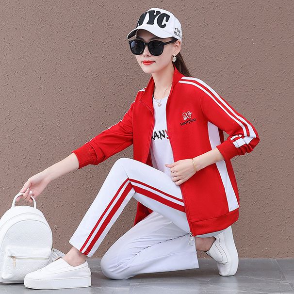 Women's 3-Piece Cotton Casual Sportswear Set – Trendy Color Block Tracksuit With Long Sleeve Top & Pants (M-5XL, Multiple Color Options)_ecoleips.com