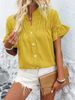 Verve 2025 Women's Casual Short Sleeve Gathered Shirt Button Solid Color Cotton Linen Stand Collar Blouse_ecoleips.com
