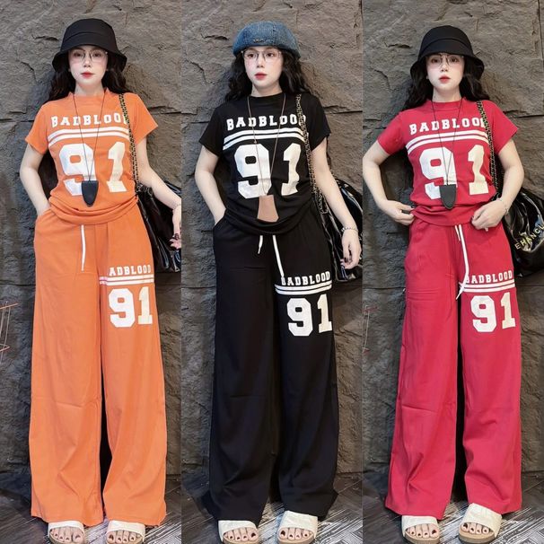 Fashion Women's Summer Two Piece Set Letter Print Short Sleeve Top Wide Leg Trousers Sporty Casual Loose Fit_ecoleips.com