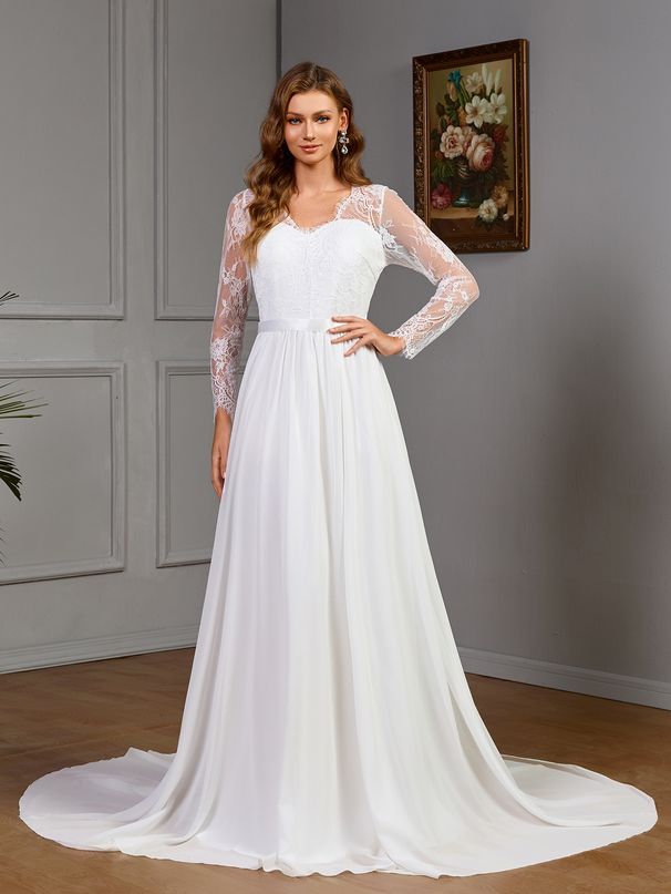 Women’s Clothing new sexy lace long sleeve wedding dress with chest cotton big swing dress white_ecoleips.com