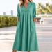 Summer New Style Women's Casual Dress Solid Color Cotton Linen Short Sleeve V Neck Pocket Detail_ecoleips.com