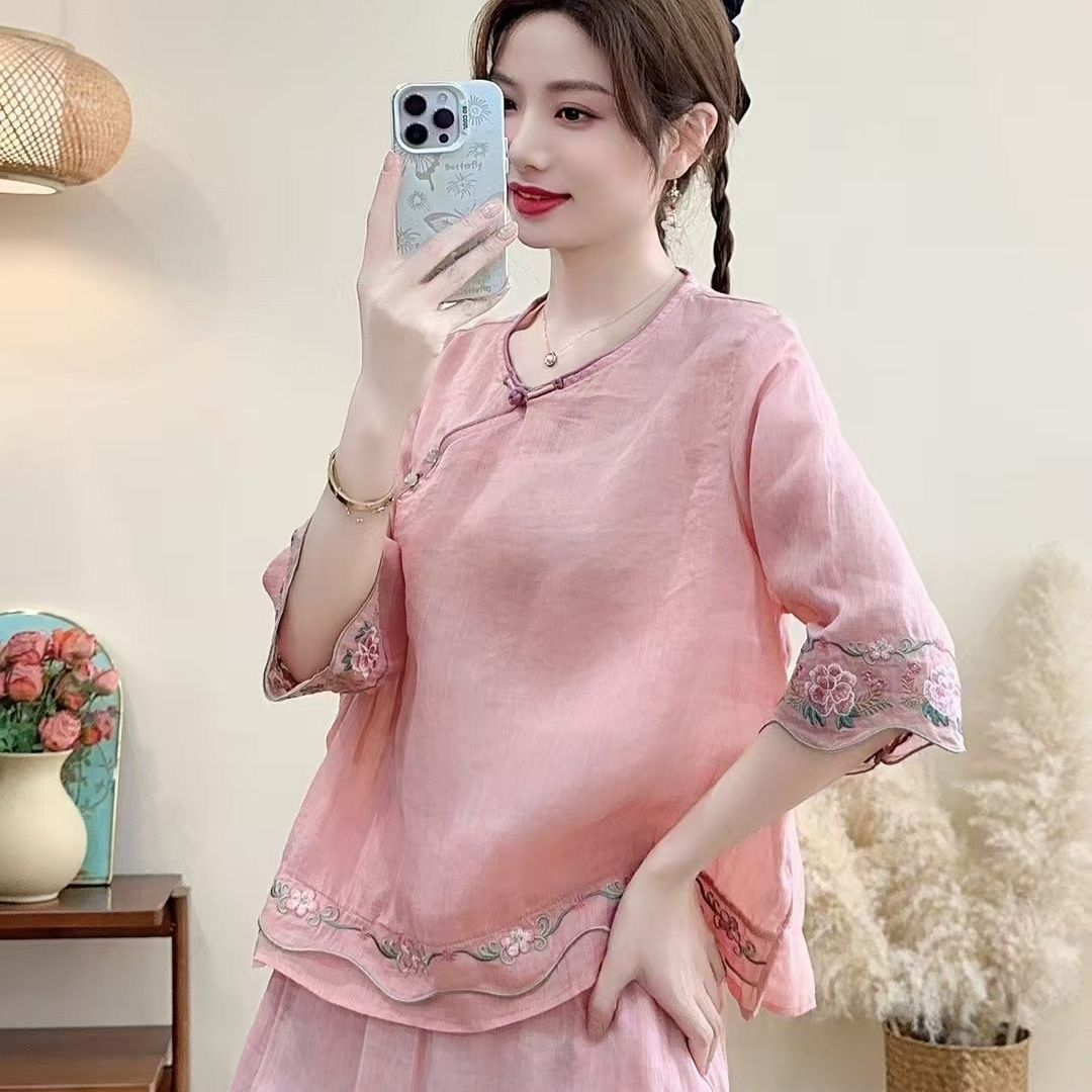 Spring/Summer Loose Embroidered Cotton-Linen Tops, Women's Artistic Frog Button, Ethnic Style Color-Block Three-Quarter_ecoleips.com