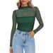Sheer Mesh Long Sleeve Top For Women, Semi-Turtle Neck Y2K Aesthetic Stretchable Daily Basic T-Shirt_ecoleips.com
