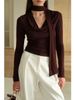 Spicy Mature Style Women's T-Shirt with Ribbon V Neck Long Sleeved Base Layer Short Pleated Inner Design Fashionable Top_ecoleips.com
