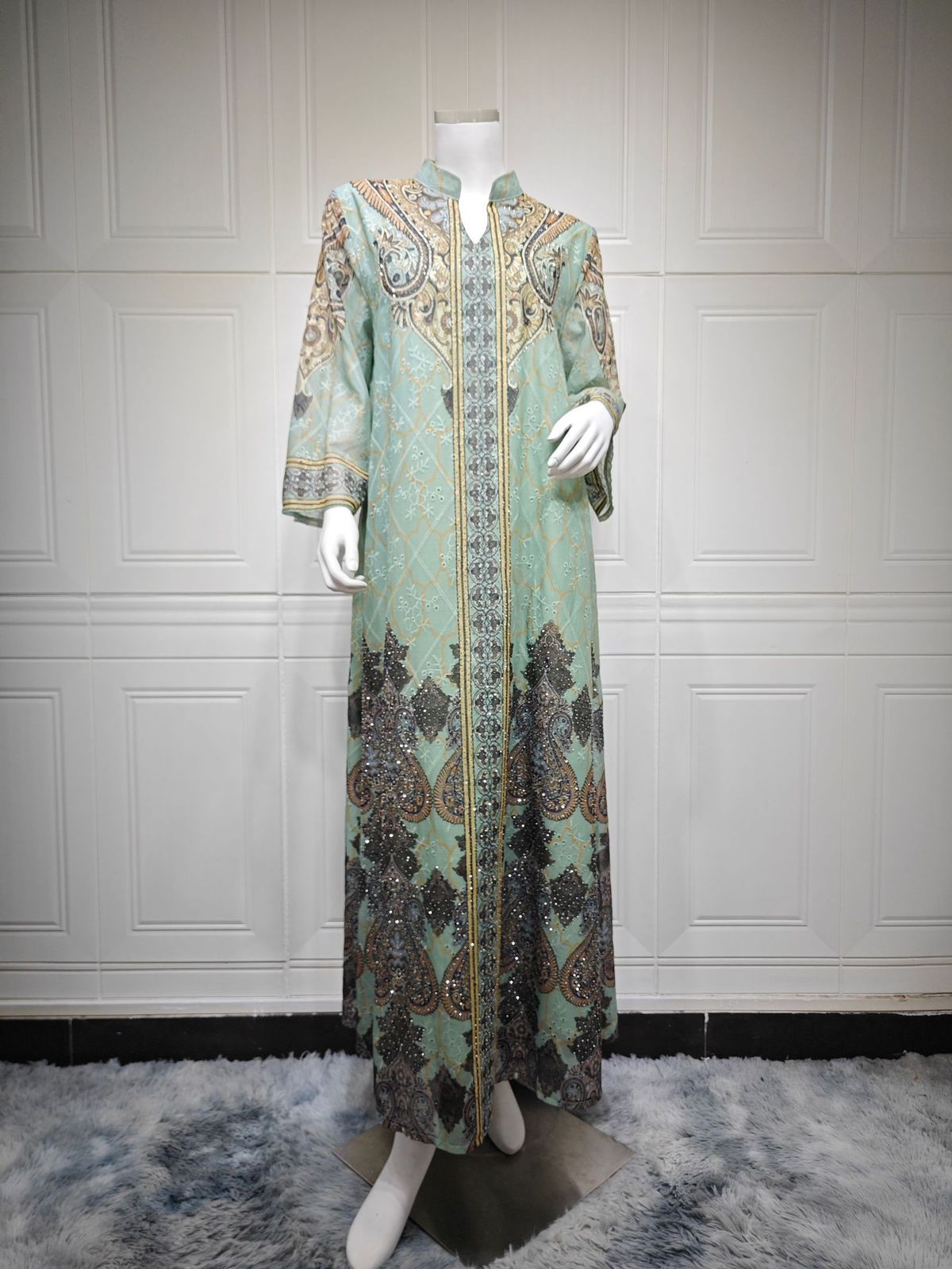 Muslim Abaya Dress With Chiffon & Rhinestones – Long Sleeve Modest Islamic Dress For Women, Ethnic Tribal Print, Casual & Elegant (Brown/Grey/Green)_ecoleips.com
