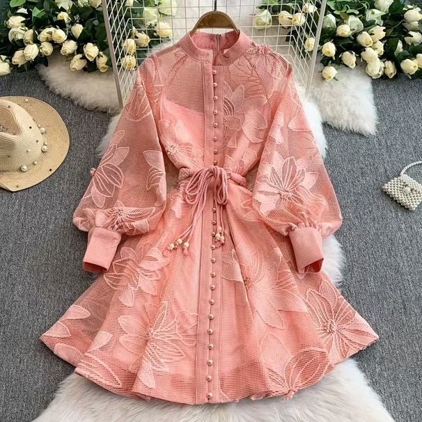 Elegant Female Palace Style Dress French High End Tie Waist Hollow Embroidery Single Breasted a Line Skirt for Women_ecoleips.com