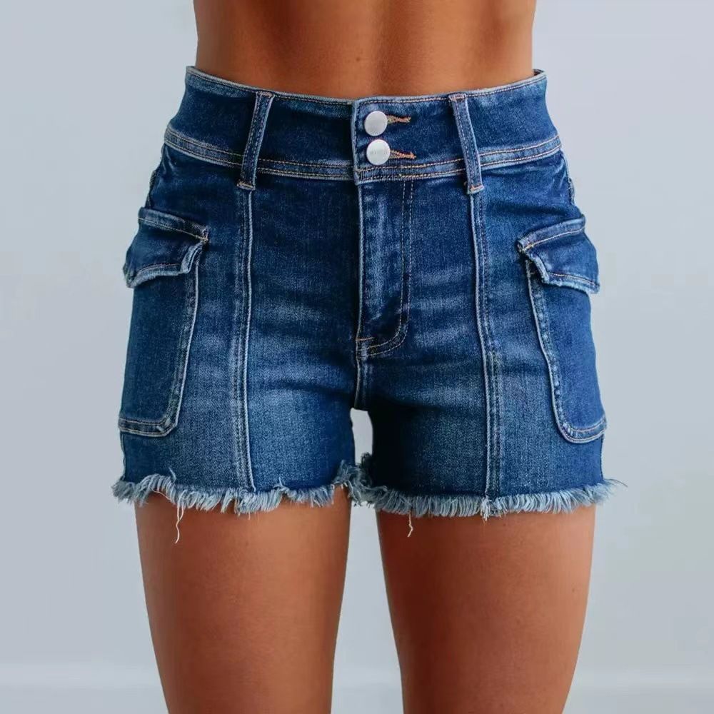 K Women's Fashion New High Waisted Elastic Tassel Denim Shorts_ecoleips.com
