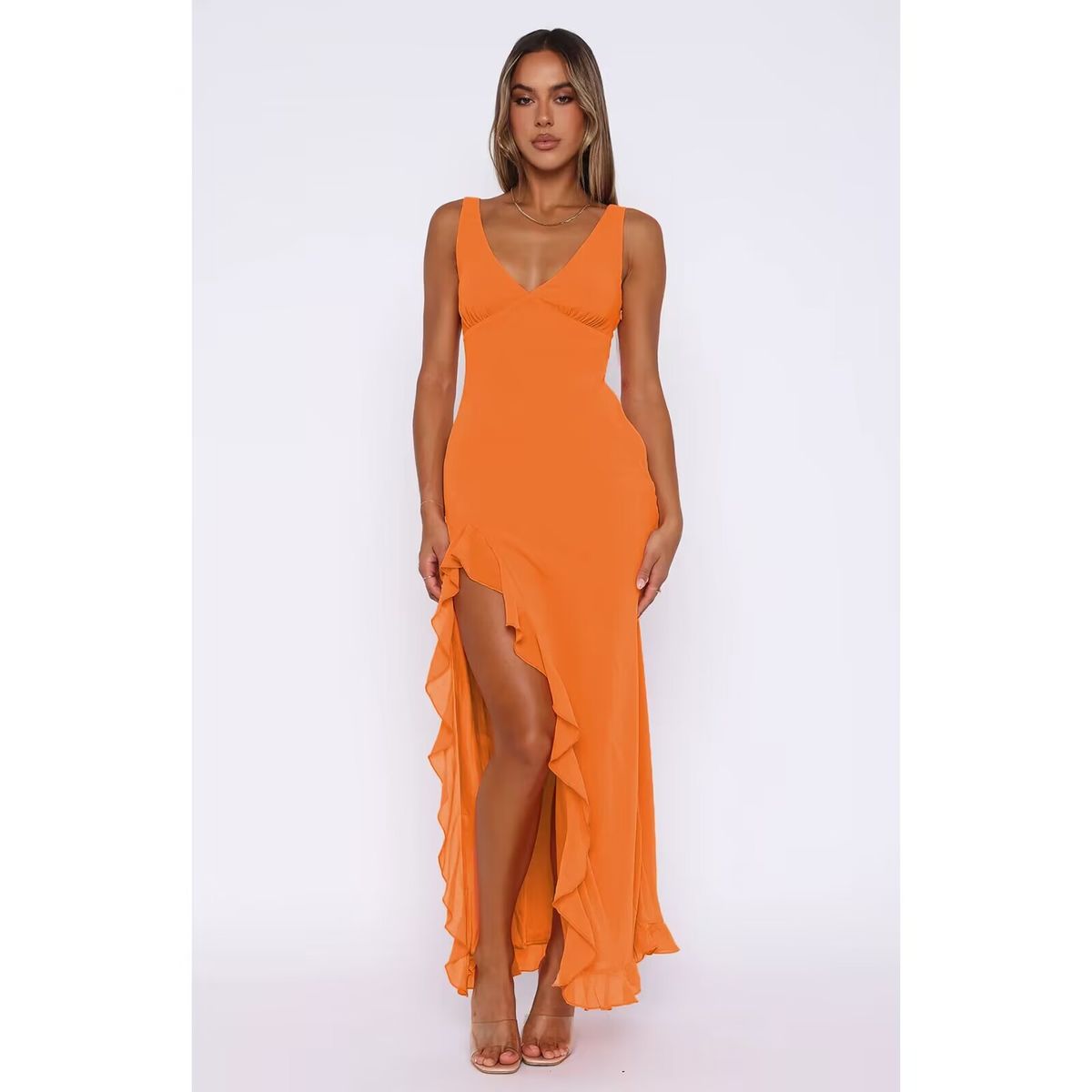 Women's Clothing V Neck Side Slit Ruffles Long Skirt Dress_ecoleips.com
