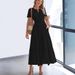 Elegant V Neck Long Dress For Women American Style Summer Waist Cinching Pleated Puff Sleeves Solid Color New 2026_ecoleips.com