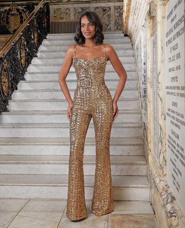 Women's Clothing Style Heavy Duty Glittering Gold Sequined Suspender Jumpsuitfashion Celebrity Party Banquet Dress_ecoleips.com