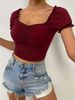 fashion Square Collar Slim Lace Short-sleeved Short T-shirt Pleated Design Pure Color Top_ecoleips.com