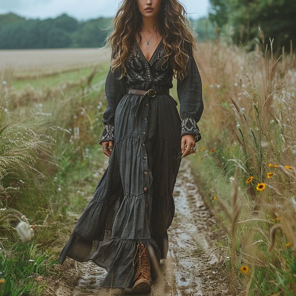 Long Sleeve Long Skirt Vintage Pastoral Women's Dress_ecoleips.com