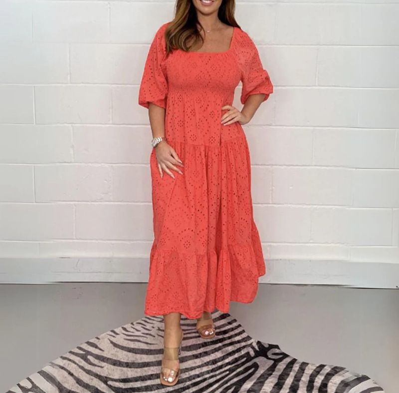Women's Clothing Summer New Solid Color Hollow U Neck Puff Sleeve Dress Women's Clothing_ecoleips.com