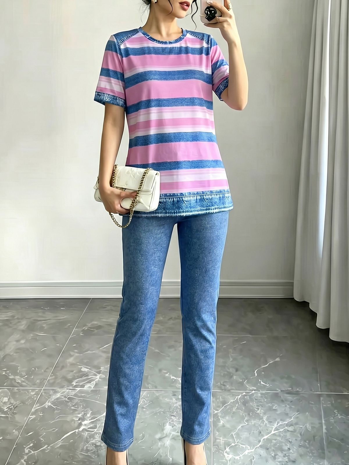 Women's European American Style Color Block Striped Short Sleeve T-Shirt High Elastic Faux Denim Skinny Jeans Summer Casual Slimming Two Piece Set_ecoleips.com