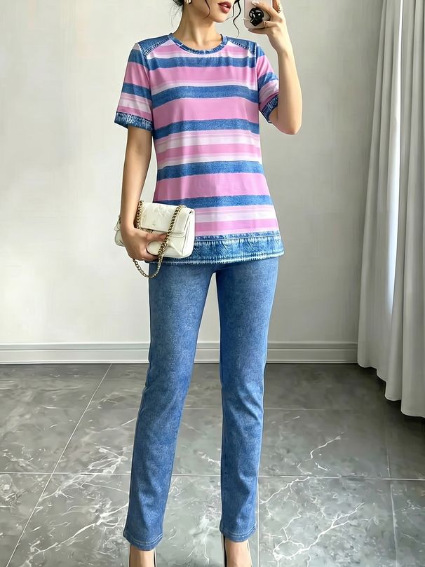 Women's European American Style Color Block Striped Short Sleeve T-Shirt High Elastic Faux Denim Skinny Jeans Summer Casual Slimming Two Piece Set_ecoleips.com