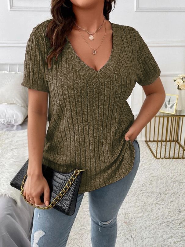 Spring And Summer Solid Color Plus Size Women's Elegant Top V-Neck Pit Strip Short Sleeve Pullover T-Shirt_ecoleips.com