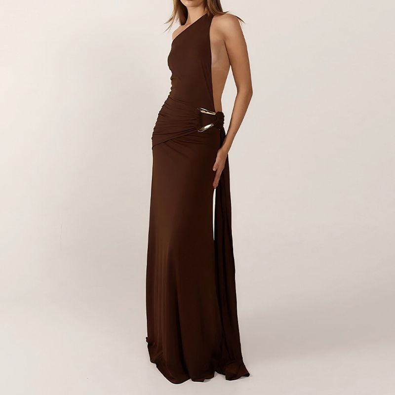 Fashion Draped Backless Slim Party Dress Sexy Diagonal Collar Metal Button Gown Elegant Sleeveless Hight Waist Solid Long Dress_ecoleips.com