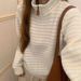 Autumn Winter Korean Style Zipper Design Stand Collar Inner Sweater Top Blue White Striped Color Block Knitted Cardigan_ecoleips.com