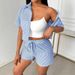 Women's Clothing Trend Lapel Casual Striped Shirt Short Sleeved Shorts Two Piece Suit For Women_ecoleips.com