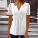 Women's Short Sleeve T-Shirt Lace Trim Pleated Solid Color Printed Button Up Casual Top_ecoleips.com