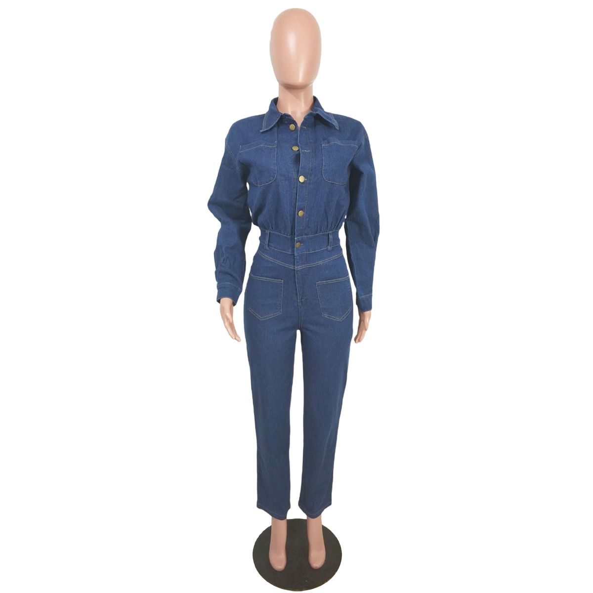 K Slim Fit Elastic Small Toe Denim Jumpsuit With Pockets_ecoleips.com