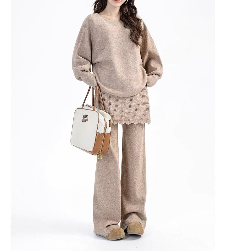 Knitted Top With High-waisted Skirt Patchwork Pants, Spring And Autumn Two-piece Set, 3D Effect, Solid Color, Girly_ecoleips.com