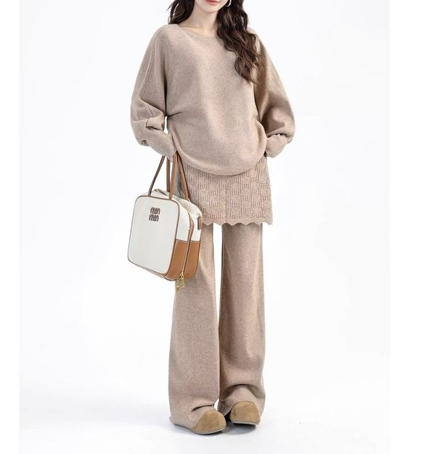 Knitted Top With High-waisted Skirt Patchwork Pants, Spring And Autumn Two-piece Set, 3D Effect, Solid Color, Girly_ecoleips.com
