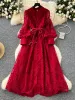 Spring Autumn French High-end Women's Dress New Lace Embroidery V-neck Lantern Sleeves Single Breasted Party Birthday Dress C192_ecoleips.com