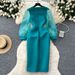 Women's Clothing Fashionable Heavy Beaded V Neck Mesh Splicing Long Skirt_ecoleips.com