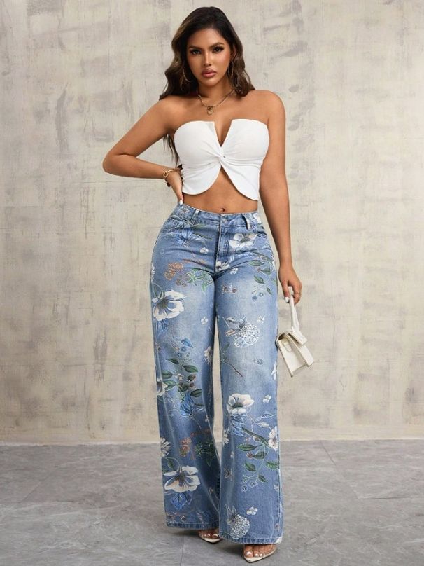 Spring Summer New Women's Button up Front Pocket Printed Casual Jeans Denim Export Style 2026_ecoleips.com