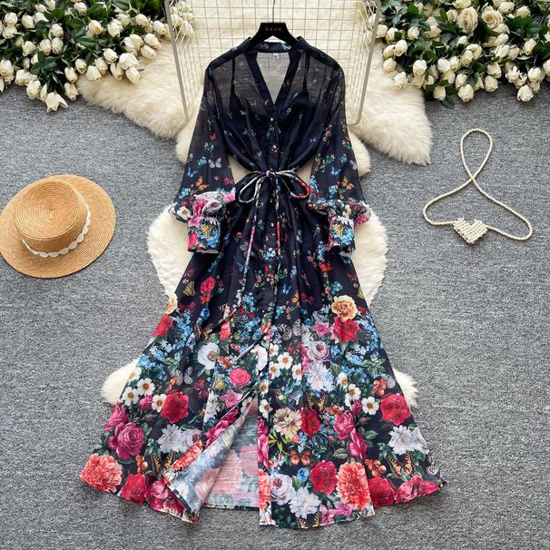 Women's French Romantic Style Slim Fit Dress Long Sleeve V Neck Tie Waist Full Skirt Vacation Style Floral Print_ecoleips.com