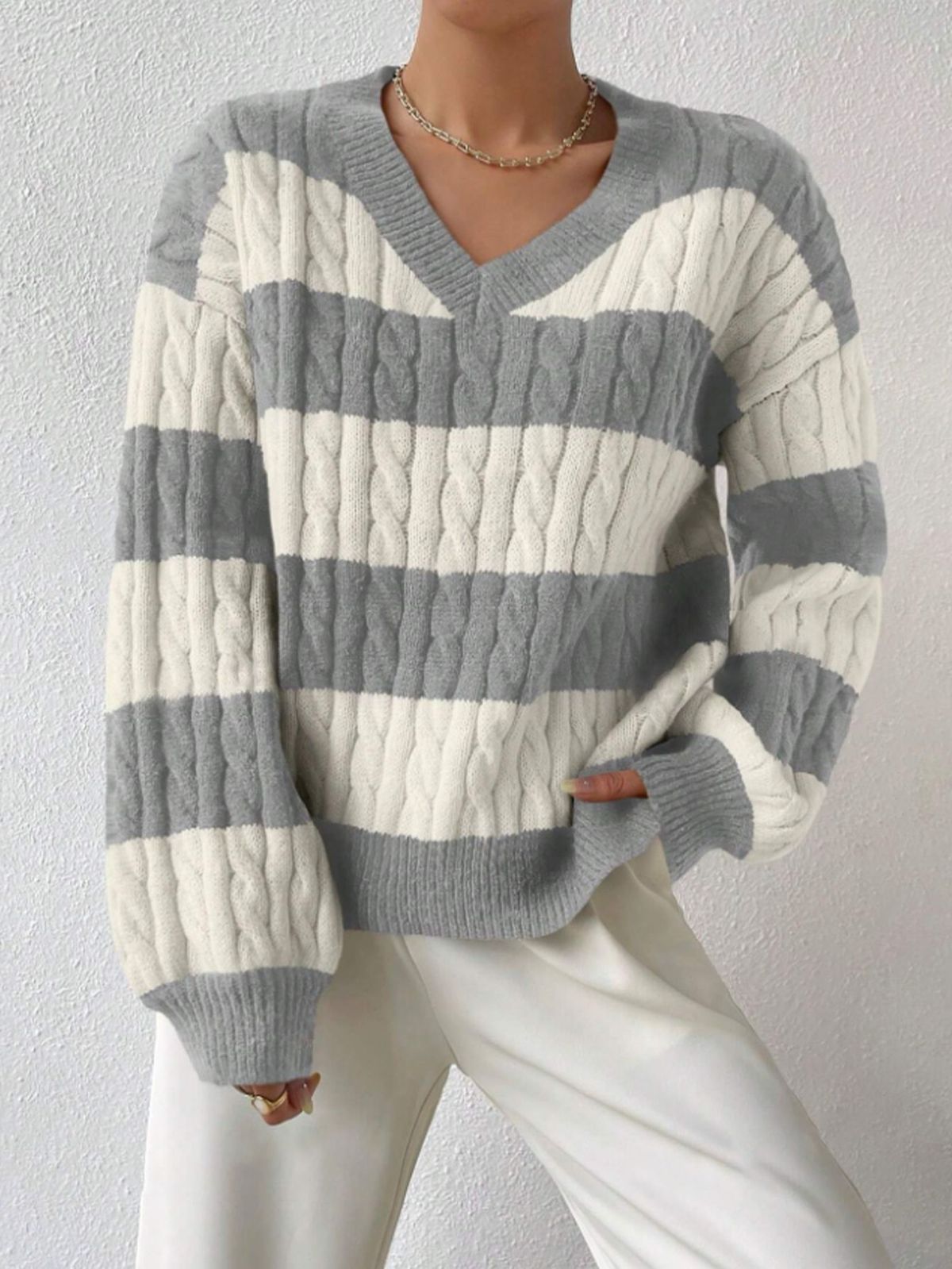 Oversized Striped Knit Sweater – Retro Colorblock V-Neck Pullover In Purple/Khaki/Navy/Black (S-XL) | Cozy & Trendy_ecoleips.com