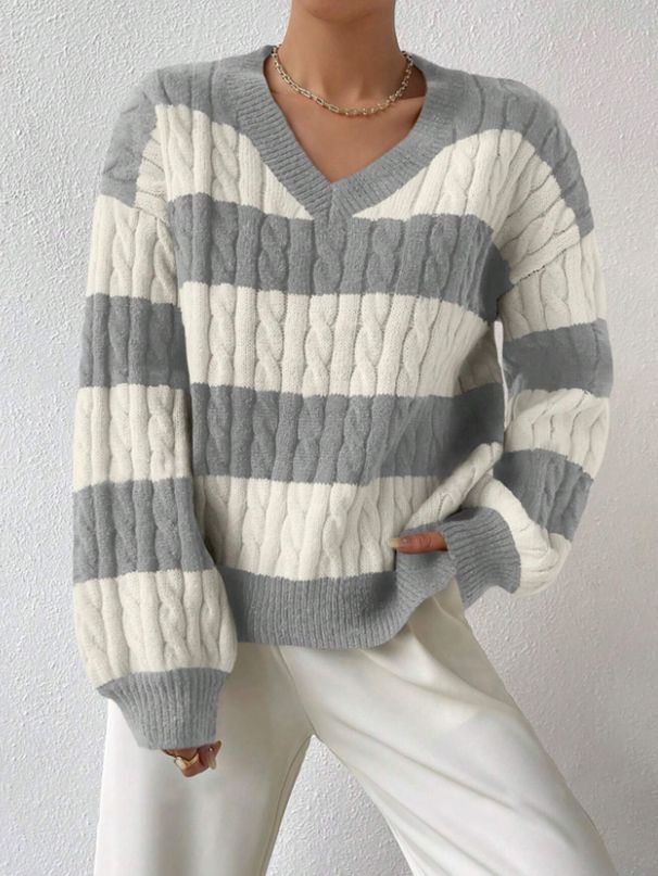 Oversized Striped Knit Sweater – Retro Colorblock V-Neck Pullover In Purple/Khaki/Navy/Black (S-XL) | Cozy & Trendy_ecoleips.com
