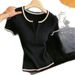 Women's Color Blocked Half Button V Neck Short Sleeved Knit T Shirt Slim Fit Fashionable Top For Summer_ecoleips.com