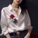 European-style White Printed Satin Shirt For Women, High-end, Light Luxury, Elegant Socialite Top, Unique And Stunning_ecoleips.com