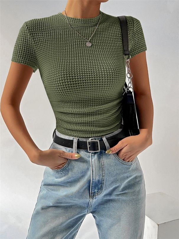Women's Clothing Spring And Summer New Products Slim Fit Versatile Pleated Round Neck Knitted Short Sleeved T Shirt_ecoleips.com
