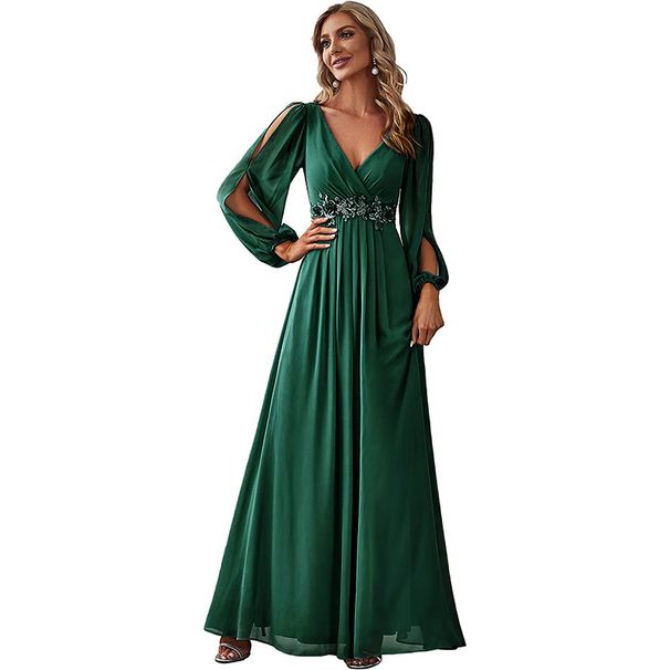 European and American women's clothing solid color V-neck dress elegant long dress with waist hem_ecoleips.com