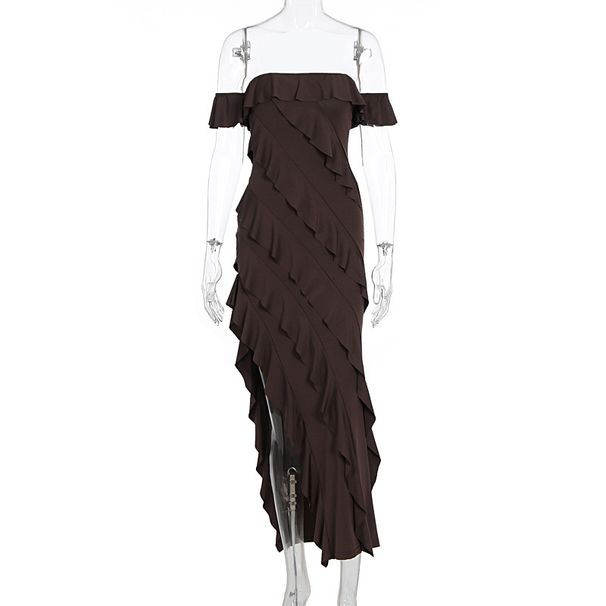 Elegant Solid Color Strapless Bodycon Evening Dress With Slit Ruffle Hem Luxury Formal Party Dress For Women_ecoleips.com