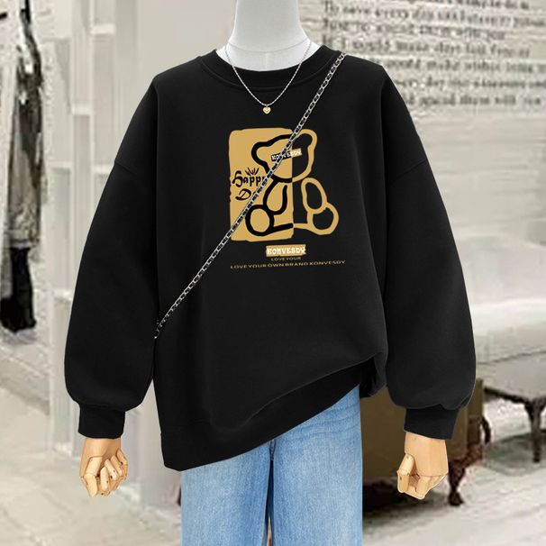 Women's Fleece Lined Crew Neck Sweatshirt plus Size Hong Kong Style Retro Thickened Top for Autumn Winter Spring New Arrival_ecoleips.com