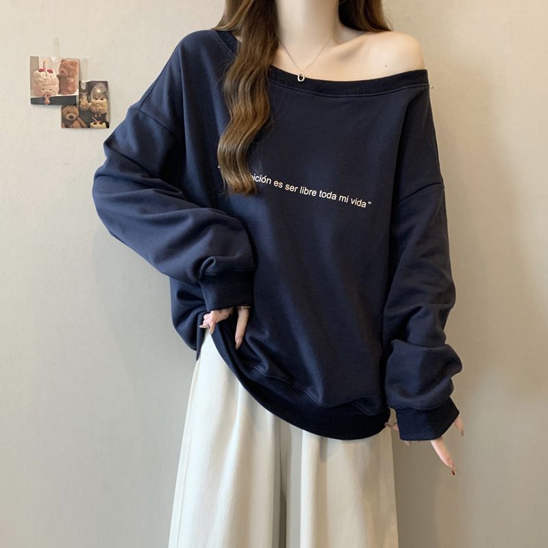 high-end One-shoulder Slanted Neck Sweatshirt For Women, Fleece-lined Thickened, Autumn And Winter Loose-fitting_ecoleips.com